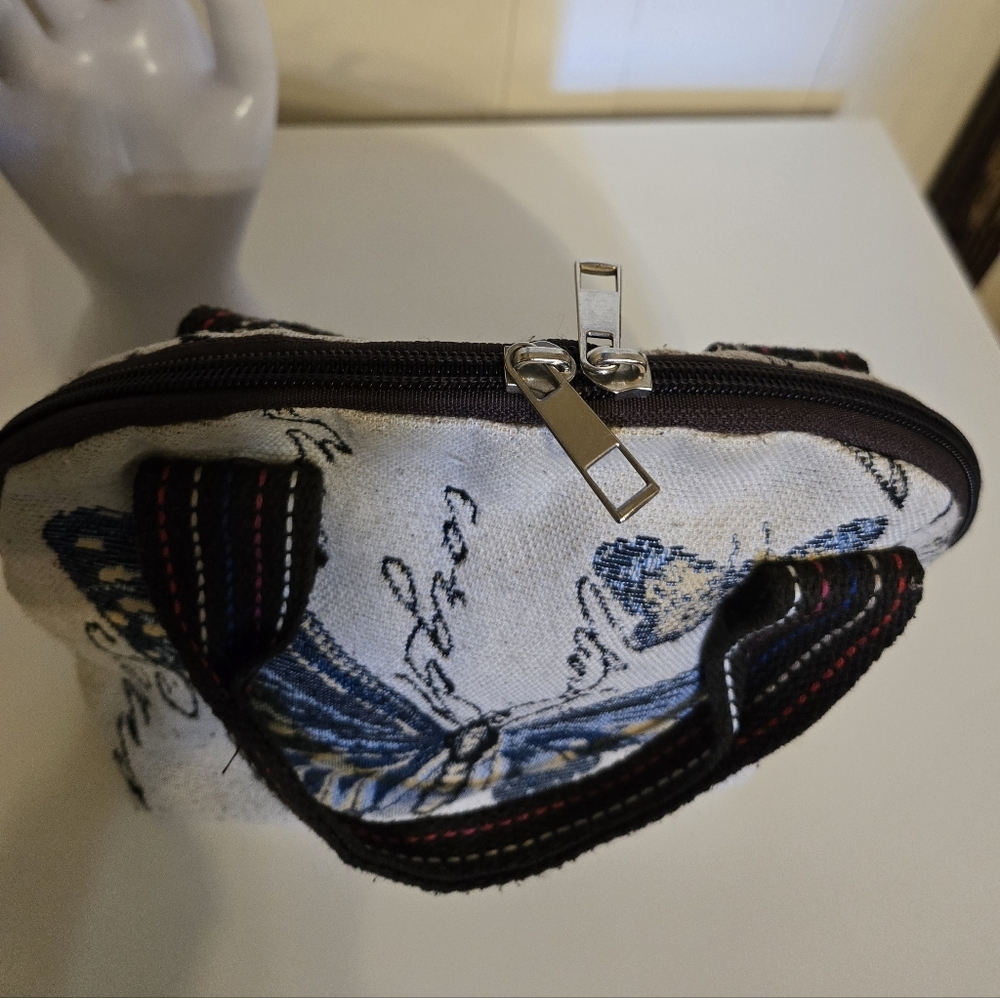 Blue Butterfly Embroidered Canvas Tote - Women's Small Handbag - Picture 5 of 6